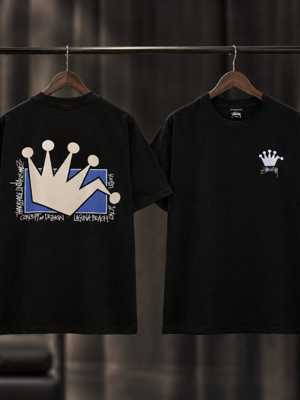 Stussy Black T-shirt Crown Logo Back Graphic Tee
